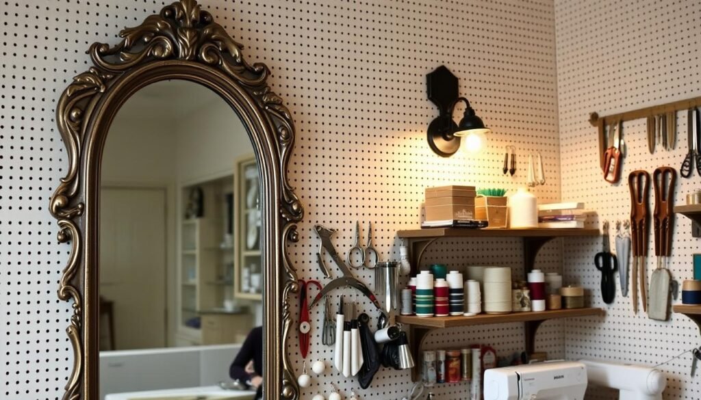 A well-organized sewing room showcasing a pegboard wall with various sewing accessories neatly displayed. In the foreground, a large, ornate mirror reflects the room's interior, creating an illusion of depth and amplifying the sense of space. Shelves alongside the pegboard hold spools of thread, scissors, and other essential tools, all arranged in a visually appealing manner. Soft, warm lighting from sconces above casts a cozy glow, accentuating the rustic, farmhouse-inspired decor. The overall atmosphere is one of efficiency, creativity, and a touch of elegance, perfectly suited for the "Maximizing Functionality with Pegboards, Shelves, & Mirrors" section of the article.