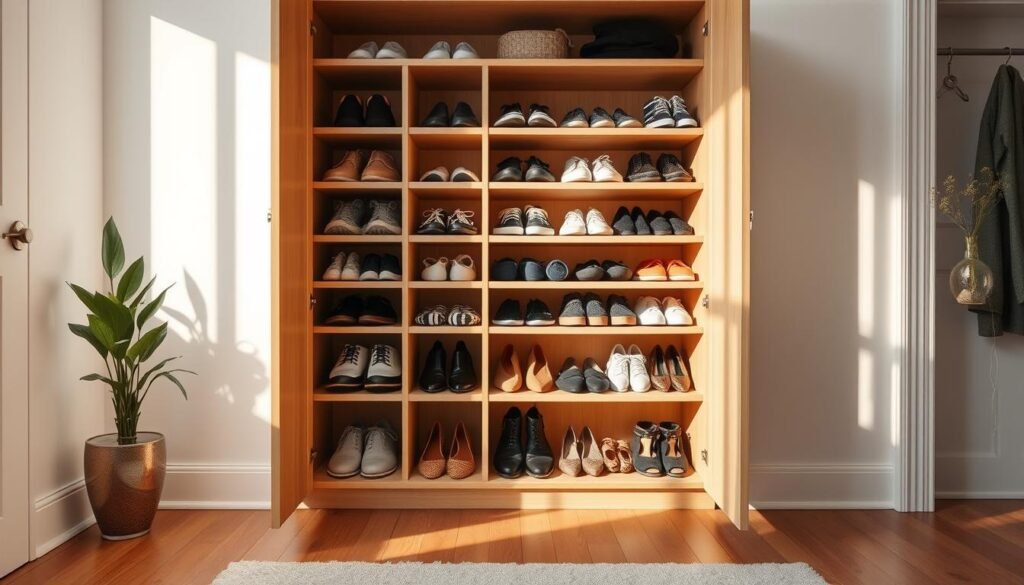A well-organized shoe cabinet in a bright, airy room with natural lighting. The cabinet has multiple shelves and compartments, neatly displaying a variety of shoes - dress shoes, sneakers, and sandals, all arranged by type and color. The cabinet is made of light-colored wood, complementing the warm tones of the hardwood floor. A potted plant and a decorative vase add a touch of greenery and warmth to the scene. The overall atmosphere is one of tranquility and order, showcasing the benefits of a dedicated shoe storage solution in a stylish and functional manner.