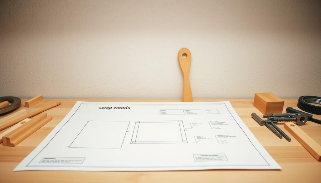 A well-organized, step-by-step DIY project plan, featuring a clean and minimalist design. The foreground showcases a blueprint-style layout of a scrap wood project, with clear dimensions, materials, and instructions. The middle ground includes a variety of wooden tools and hardware, neatly arranged. The background features a neutral, slightly textured wall, creating a simple, workshop-inspired atmosphere. The lighting is soft and diffused, emphasizing the clean, professional aesthetic. The overall mood is one of practical creativity, inspiring the viewer to embark on their own scrap wood projects.