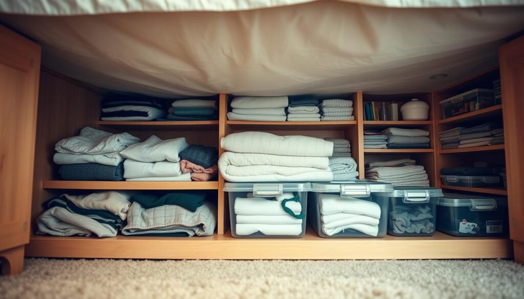 A well-organized under-bed storage area, showcasing a variety of practical solutions. In the foreground, a set of sliding drawers neatly stows away seasonal items and off-season clothing. In the middle ground, a collection of clear plastic bins houses meticulously folded linens and towels. The background features a series of slim shelves, holding a diverse array of small household essentials. The overall scene is bathed in warm, diffused lighting, creating a cozy and inviting atmosphere. The camera angle captures the layout from a low, slightly elevated perspective, emphasizing the efficient use of the often-underutilized space beneath the bed.