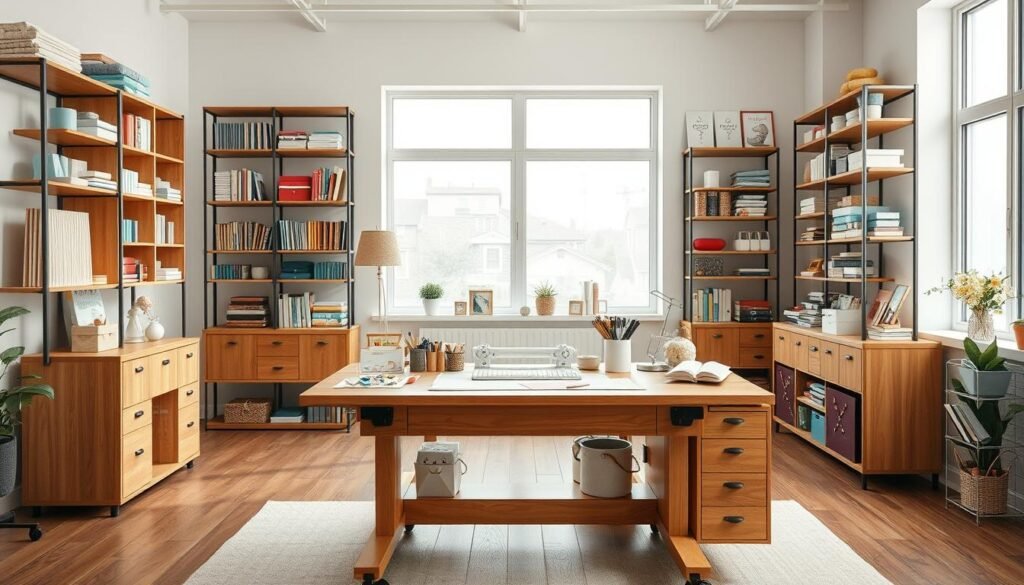 A well-organized, visually appealing mobile craft table setup in a bright, airy craft room. In the foreground, a sturdy, adjustable wooden craft table with ample workspace and storage compartments. Centered on the table, an array of craft supplies and tools neatly arranged. In the middle ground, stylish modular shelving units lining the walls, displaying an assortment of colorful craft materials and decor. The background features large windows flooding the space with natural light, highlighting the clean, minimalist aesthetic. The overall mood is one of inspiration, productivity, and organization, perfect for a dedicated craft area.
