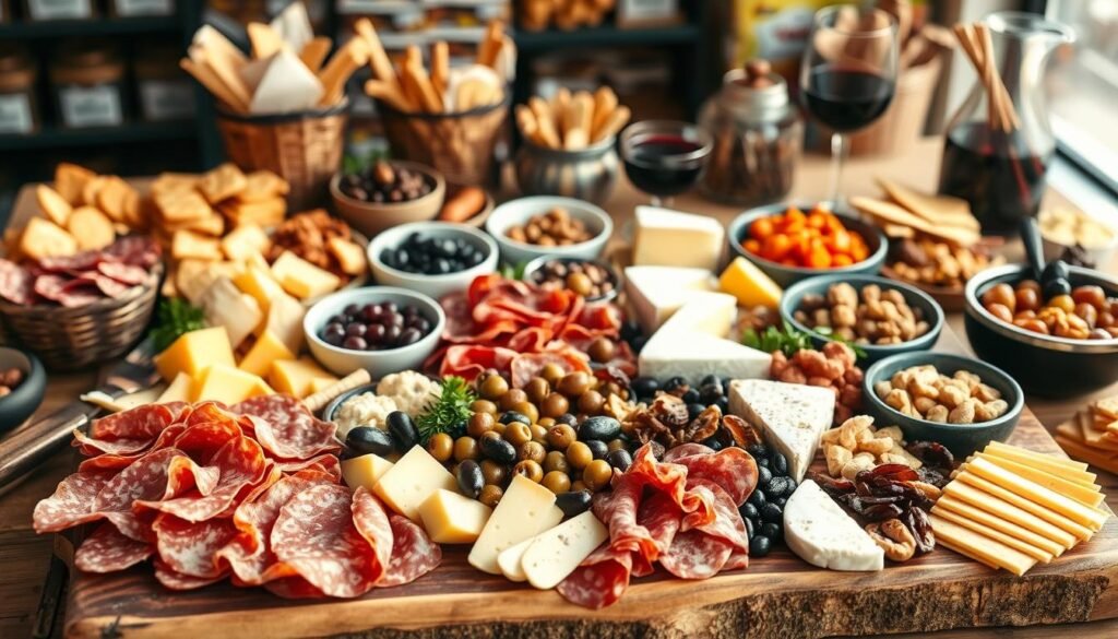 A well-stocked Costco charcuterie table, shot in warm natural lighting with a soft focus. In the foreground, an array of high-quality salami, prosciutto, and cured meats arranged artfully on a rustic wooden board. The middle ground showcases an assortment of cheeses, from creamy brie to sharp cheddar, complemented by bowls of olives, dried fruit, and nuts. The background features a complementary display of crackers, breadsticks, and a glass carafe of red wine, setting the stage for a sophisticated and inviting grazing experience. A well-stocked Costco charcuterie table, shot in warm natural lighting with a soft focus. In the foreground, an array of high-quality salami, prosciutto, and cured meats arranged artfully on a rustic wooden board. The middle ground showcases an assortment of cheeses, from creamy brie to sharp cheddar, complemented by bowls of olives, dried fruit, and nuts. The background features a complementary display of crackers, breadsticks, and a glass carafe of red wine, setting the stage for a sophisticated and inviting grazing experience.