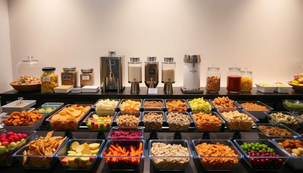 A well-stocked buffet of customizable snack stations, arranged with care and elegance against a softly lit backdrop. In the foreground, various snack containers and platters await guests, filled with an array of tempting treats - from colorful fresh fruits and crunchy vegetable crudités to savory crackers and dips. The middle ground features personalized dispensers and jars, allowing guests to mix and match their favorite seasonings, toppings, and sauces. In the background, a neutral, calming palette sets the stage, complemented by subtle lighting that casts a warm, inviting glow over the scene. The overall impression is one of effortless sophistication, encouraging guests to indulge and refuel during the festivities.