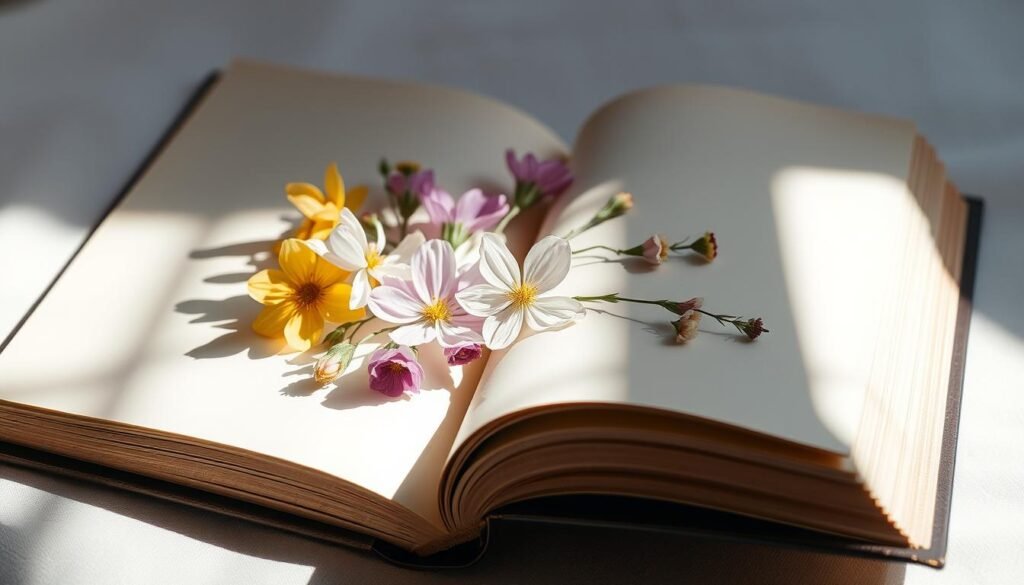 A well-worn book lies open, its pages flattening a delicate arrangement of pressed flowers. The pages are illuminated by soft, diffused natural light, casting gentle shadows that accentuate the intricate textures of the petals. The book's binding is visible, adding a sense of depth and physicality to the scene. The flowers, carefully placed between the pages, are positioned with meticulous care, their colors and shapes preserved in a timeless, botanical display. The overall composition evokes a sense of tranquility and reverence for the natural world, creating a visually captivating representation of the "book pressing method" for preserving flowers.