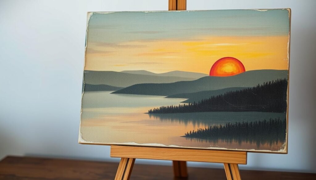 A well-worn thrift store canvas art piece, with a vintage, weathered aesthetic. The painting depicts a serene landscape, featuring a tranquil lake, rolling hills, and a vibrant sunset in the background. The canvas is slightly distressed, with subtle craquelure and a muted color palette that evokes a sense of nostalgia. The texture of the brushstrokes is visible, adding depth and character to the artwork. The lighting is soft and diffused, creating a warm, cozy atmosphere. The canvas is displayed on a simple, rustic wooden easel, complementing the overall aesthetic. This found treasure serves as an inspiring starting point for a DIY canvas painting project.