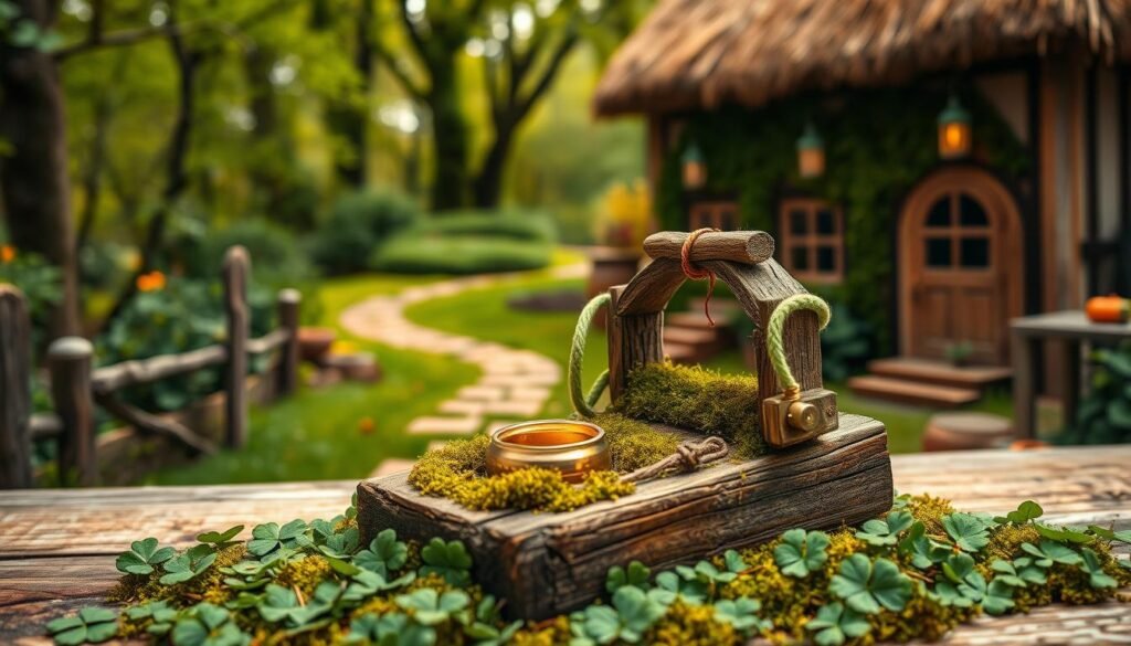 A whimsical DIY leprechaun trap, crafted with rustic wooden pieces, moss, and a hint of gold glitter. In the foreground, an intricately designed trap mechanism, with a tempting pot of gold as bait, sits atop a bed of clovers. The middle ground features a quaint Irish-inspired backdrop, with a thatched-roof cottage and a winding path leading into a lush, verdant forest. Soft, warm lighting casts a magical glow, evoking the mischievous spirit of St. Patrick's Day. The scene is captured through a wide-angle lens, providing a charming and inviting perspective for the viewer.