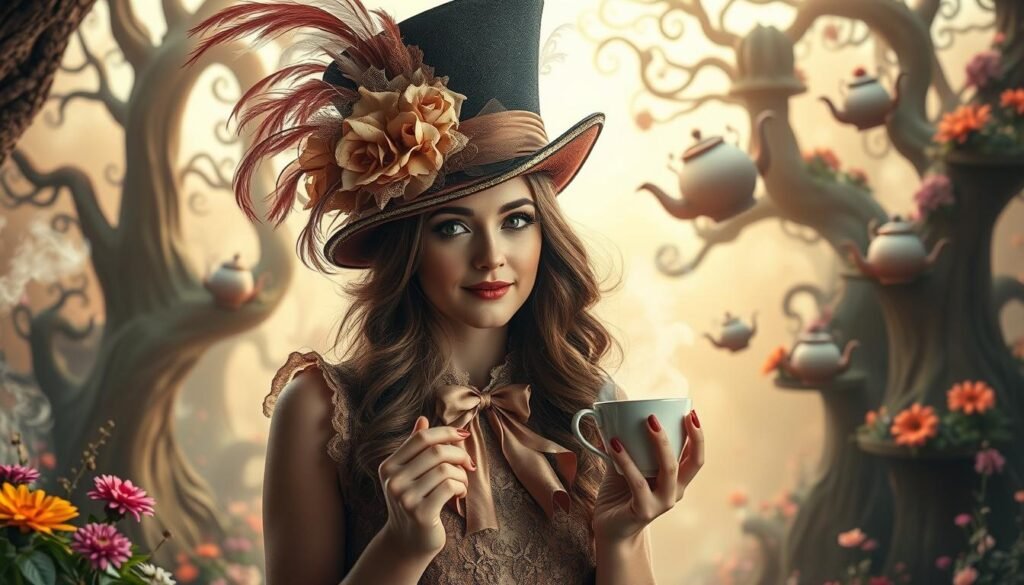 A whimsical Wonderland scene with a stylish, elegant Mad Hatter-inspired woman. In the foreground, a young woman wearing an elaborate, asymmetrical hat adorned with feathers, lace, and ribbons, her expression playful and mischievous. She holds a delicate teacup, steam rising from the fragrant liquid. In the middle ground, a surreal, dreamlike landscape with towering, twisted trees, vibrant flowers, and floating teapots. The background is bathed in a warm, golden light, creating a sense of enchantment. Diffuse, soft focus lens, high-key lighting, and a magical, fantastical atmosphere that evokes the spirit of the Mad Hatter's tea party.