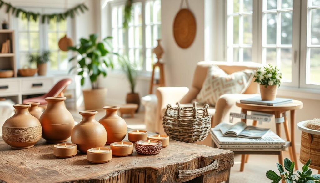 A whimsical and inviting DIY home decor scene, showcasing a variety of handcrafted elements. In the foreground, a rustic wooden table displays an assortment of decorative items - clay vases, a woven basket, and a cluster of tealight candles. The middle ground features a cozy armchair with a plush, patterned cushion, accompanied by a side table adorned with a potted plant and a stack of artisanal magazines. The background evokes a charming, sun-dappled living room, with large windows allowing natural light to filter in and highlight the warm, earthy tones of the space. The overall atmosphere is one of creativity, comfort, and personalized style.