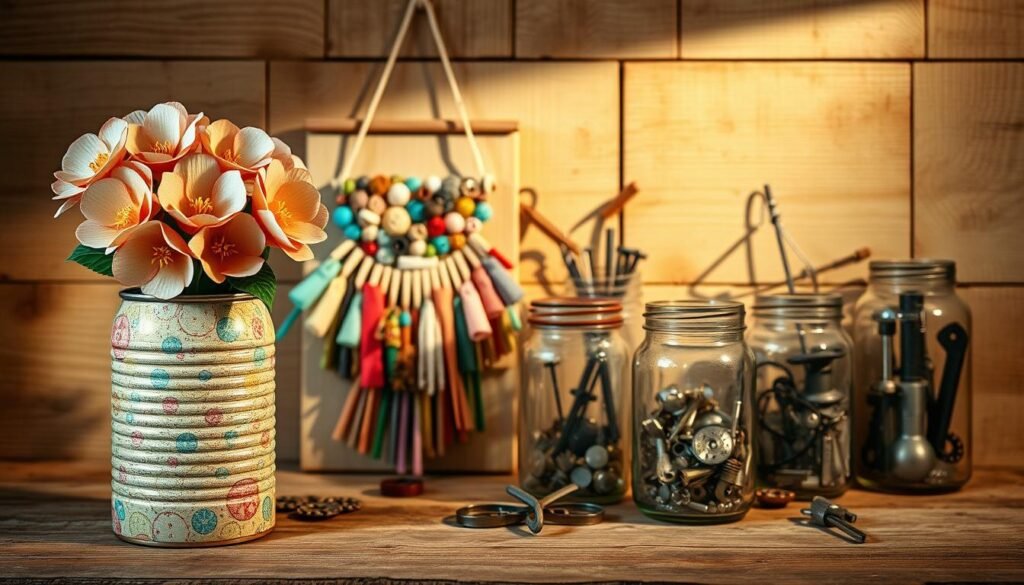 A whimsical array of upcycled crafts, arranged in a vibrant still life. In the foreground, a repurposed tin can transformed into a chic vase, adorned with intricate paper flowers. Beside it, a colorful collage of fabric scraps and found objects crafted into a one-of-a-kind wall hanging. In the middle ground, a cluster of glass jars filled with various trinkets and repurposed hardware, casting intriguing shadows. The background features a rustic wooden surface, accentuating the handmade, artisanal quality of the pieces. Soft, warm lighting illuminates the scene, creating a cozy, inviting atmosphere. The overall impression is one of creativity, imagination, and a playful exploration of the potential in everyday, overlooked items.