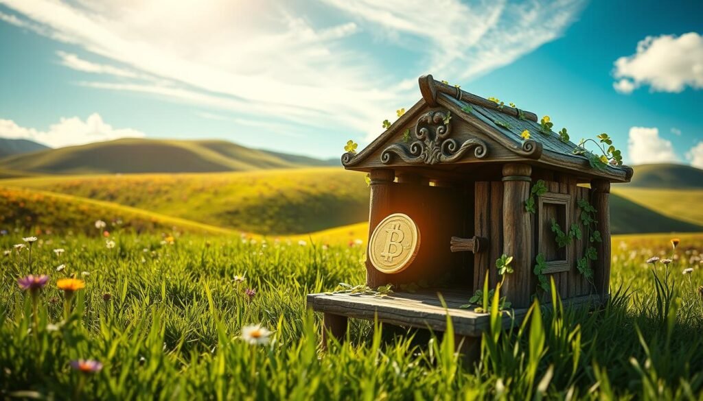 A whimsical leprechaun trap, crafted with care, sits atop a lush green meadow. The foreground features an ornate, wooden structure adorned with intricate carvings and a shimmering gold coin lure. Sunlight filters through delicate shamrocks that climb the sides, casting a warm, enchanted glow. In the middle ground, rolling hills dotted with vibrant wildflowers provide a picturesque backdrop, while wispy clouds drift across a clear, azure sky. The scene exudes a playful, mischievous spirit, inviting the viewer to imagine the clever antics of a clever leprechaun and the potential rewards of capturing its elusive treasure.