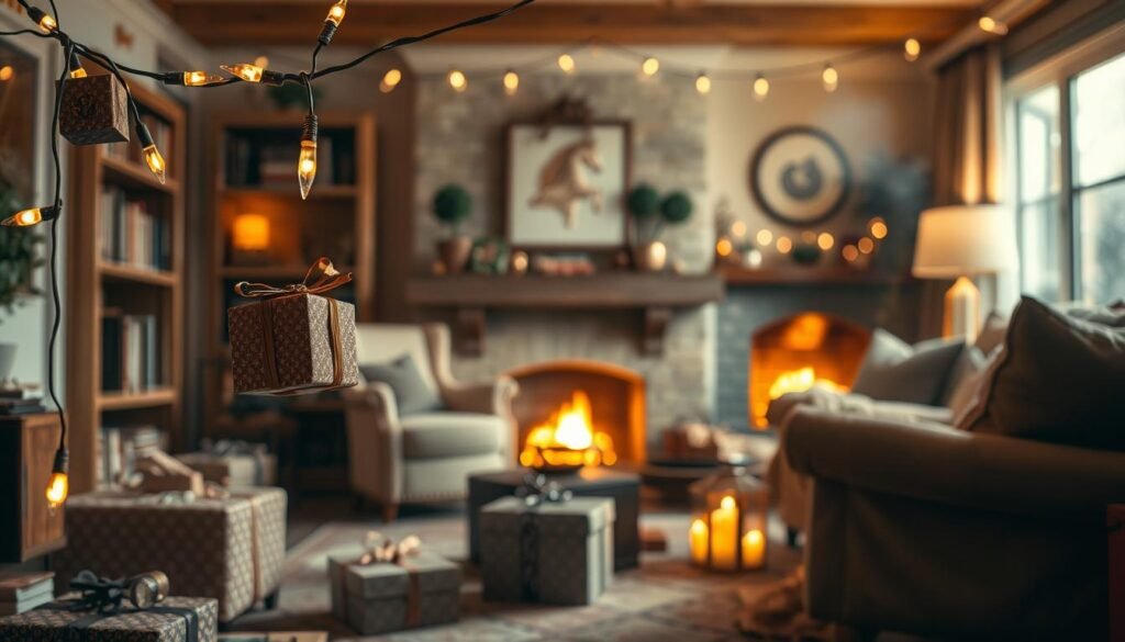 A whimsical scene of hidden surprise elements scattered throughout a cozy home interior. In the foreground, a delicate string of party lights suspends decorative gift boxes and wrapped presents, their contents concealed. The middle ground reveals a bookshelf with intriguing nooks and crannies, hinting at more surprises waiting to be discovered. The background depicts a warm, inviting living room with plush armchairs and a roaring fireplace, creating an atmosphere of comfort and anticipation. Soft, diffused lighting casts a dreamlike glow, heightening the sense of mystery and excitement. The overall composition encourages exploration and a spirit of playful celebration.