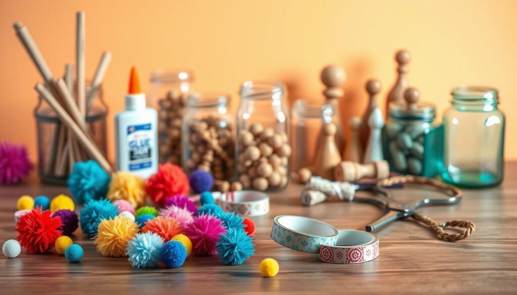 A whimsical still life showcasing an array of creative dollar store craft supplies. In the foreground, an assortment of colorful pom-poms, glue sticks, scissors, and decorative washi tape are arranged artfully on a wooden surface, casting soft shadows. In the middle ground, a collection of glass jars, wooden beads, and plastic figurines stand ready to be transformed into unique DIY projects. The background features a cheerful, pastel-hued backdrop, conveying a sense of playfulness and inspiration. Warm, diffused lighting from an unseen source illuminates the scene, casting a cozy, inviting atmosphere. This image captures the joy and potential of crafting with inexpensive, everyday materials found at the dollar store.