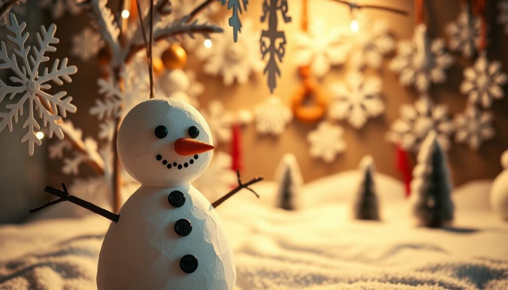 A whimsical winter scene of handcrafted snowflake snowman decorations. In the foreground, delicate paper snowflakes adorn the cute, cartoonish snowman, its coal button eyes and carrot nose bringing it to life. In the middle ground, additional snowflake-themed crafts such as garlands, ornaments, and wall hangings create a cozy, festive atmosphere. The background is softly blurred, evoking a serene, snowy landscape. The lighting is warm and inviting, with gentle highlights accentuating the intricate textures and patterns of the handmade crafts. Captured with a shallow depth of field and a close, intimate framing to showcase the charming, DIY nature of the scene. A whimsical winter scene of handcrafted snowflake snowman decorations. In the foreground, delicate paper snowflakes adorn the cute, cartoonish snowman, its coal button eyes and carrot nose bringing it to life. In the middle ground, additional snowflake-themed crafts such as garlands, ornaments, and wall hangings create a cozy, festive atmosphere. The background is softly blurred, evoking a serene, snowy landscape. The lighting is warm and inviting, with gentle highlights accentuating the intricate textures and patterns of the handmade crafts. Captured with a shallow depth of field and a close, intimate framing to showcase the charming, DIY nature of the scene.