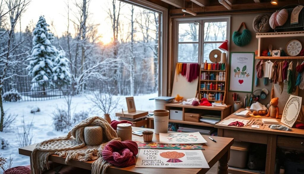 A winter landscape with a cozy, dimly lit studio space showcasing an array of innovative craft projects. In the foreground, a table displays a variety of handmade items, including knitted scarves, intricate paper-cut art, and upcycled home decor. The middle ground features a well-stocked craft supply station with vibrant yarns, paints, and various tools. The background depicts a snow-covered forest scene, with soft, warm lighting filtering through the windows, creating a serene and inviting atmosphere. The overall scene conveys a sense of creativity, inspiration, and the enchantment of winter DIY projects.