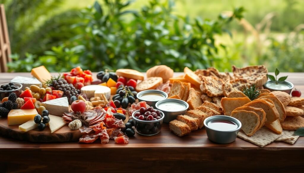 A wooden table arranged with an assortment of delectable brunch items, creating a visually appealing grazing board. In the foreground, a variety of cheeses, cured meats, olives, and fresh fruits are carefully placed, inviting the viewer to indulge. In the middle ground, a scattered arrangement of flaky pastries, artisanal breads, and dipping sauces add texture and color. The background features a lush, natural setting, with a soft, diffused lighting creating a warm and inviting atmosphere. The overall composition exudes a sense of casual elegance, perfectly capturing the essence of a bountiful brunch grazing table.