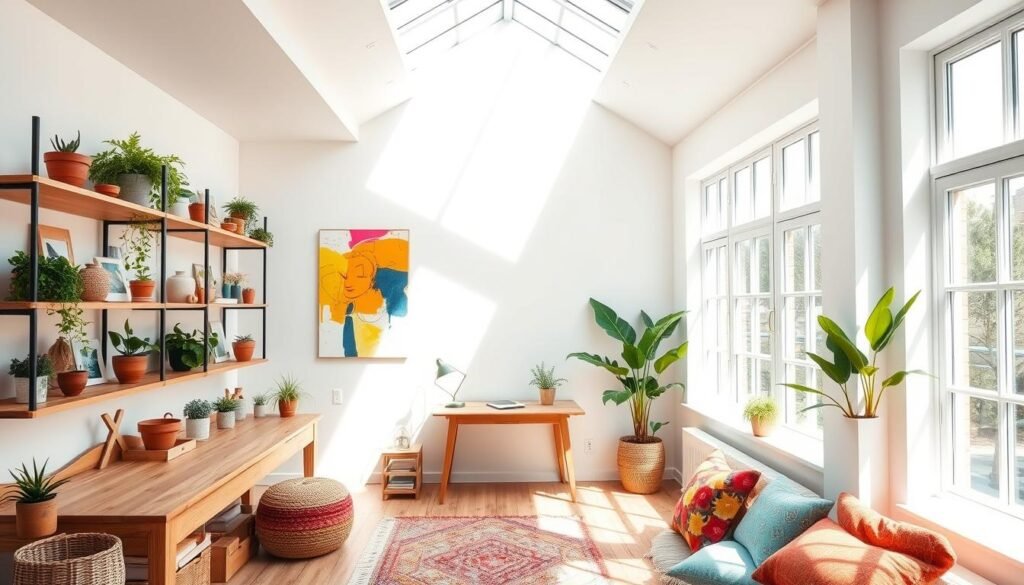 Bright, airy workspace flooded with natural light streaming through large windows. Wooden workbench and shelves against a white wall, accented with potted plants and natural decor. Minimalist, Scandinavian-inspired design with splashes of vibrant colors - a vibrant abstract painting, a colorful woven rug, and vivid throw pillows. Soft, diffused light from a skylight above casts a warm glow. High-angle view captures the sense of openness and creativity.