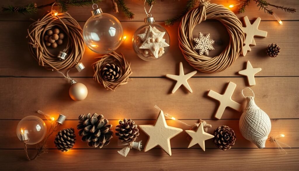 Charming holiday ornaments arranged on a wooden table, illuminated by warm, soft lighting. A variety of decorative pieces in natural, rustic tones - handcrafted glass baubles, woven wreaths, pinecone clusters, and delicate wooden shapes. Vignettes of these cozy, festive elements against a muted background, creating an inviting, homespun atmosphere. Capture the texture and tactile quality of the materials, with a focus on artisanal, homemade details that evoke the spirit of a cherished, handmade Christmas. Shoot from a slight overhead angle to showcase the arrangements in an elegant, magazine-worthy composition.