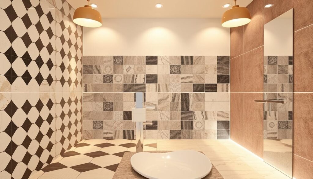 Contrasting tiles in a well-lit bathroom, featuring a bold, geometric pattern in the foreground with a more subdued, complementary design in the background. The tiles are arranged in a visually striking, asymmetrical layout, creating a dynamic and modern aesthetic. Warm, diffused lighting from overhead fixtures casts a soft, inviting glow across the surfaces, highlighting the interplay of textures and colors. The tiles range from glossy and smooth to matte and tactile, seamlessly blending classic and contemporary elements. This visually compelling scene sets the stage for a bold, stylish bathroom transformation.