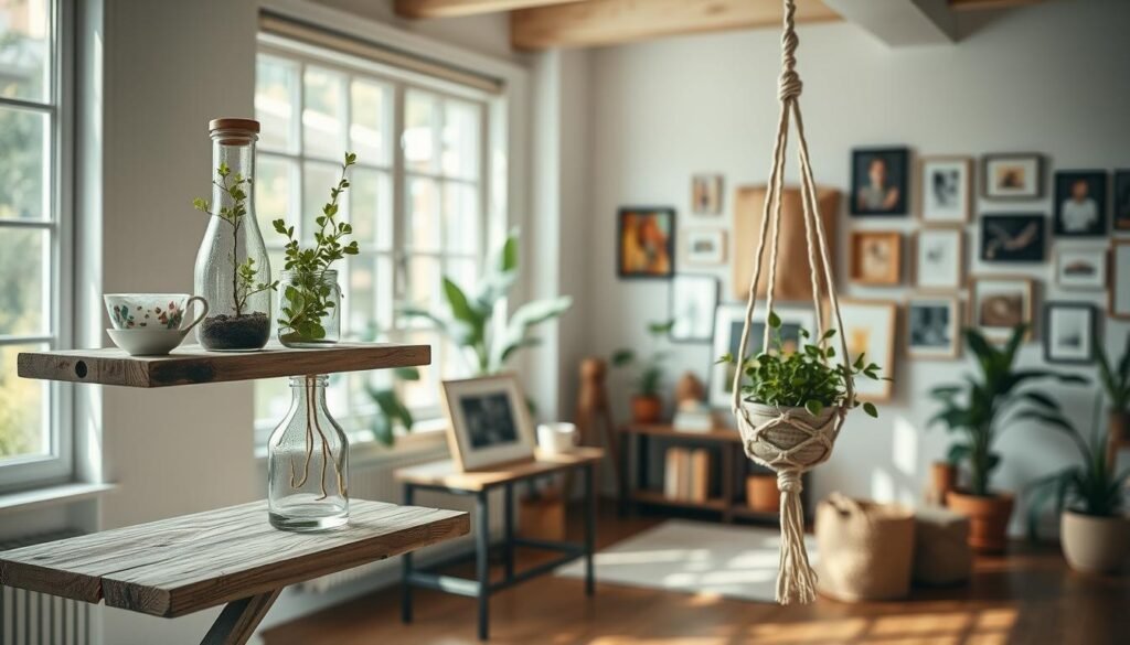 Cozy DIY upcycled home decor projects in a well-lit, airy studio setting. Foreground features a rustic wooden shelf displaying an arrangement of repurposed items like a hanging planter made from a vintage teacup, a decorative glass bottle vase, and a minimalist photo frame crafted from recycled cardboard. Middle ground showcases a side table with a DIY centerpiece terrarium, and a macrame plant hanger suspending a thriving houseplant. Background depicts large windows flooding the space with natural light, and a gallery wall of framed art pieces fashioned from reclaimed materials. Warm, earthy tones and a calming, eco-friendly ambiance evoke a sense of sustainable, homemade charm.