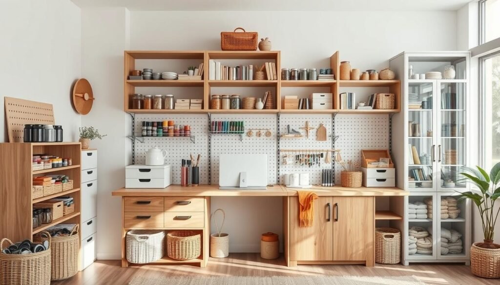 Craft room storage solutions: a minimalist, well-organized sanctuary. A soothing, natural-lit space showcasing stylish, modular shelving units neatly displaying an array of colorful craft supplies. Wooden pegboards, sleek drawers, and glass-front cabinets create a harmonious, efficient layout. Soft, diffused lighting accentuates the tidy, streamlined design. Muted earth tones and natural textures like rattan and oak evoke a sense of tranquility, inspiring the creative mind. Carefully curated jars, baskets, and containers bring order to an inspiring haven for the discerning crafter.