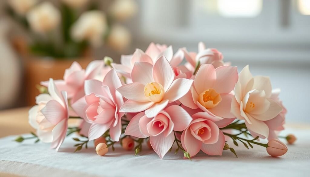 Delicate paper flower gift toppers in a whimsical, handcrafted composition. Soft, pastel-hued blossoms in a variety of shapes and sizes arranged with care, their petals gently curled and textured. The arrangement is captured in a warm, natural lighting scenario, with a shallow depth of field that draws the eye to the focal point. The background is softly blurred, hinting at a cozy, domestic setting, conveying a sense of thoughtfulness and attention to detail. An enchanting, artisanal display that would add a touch of charm to any adult crafting session.