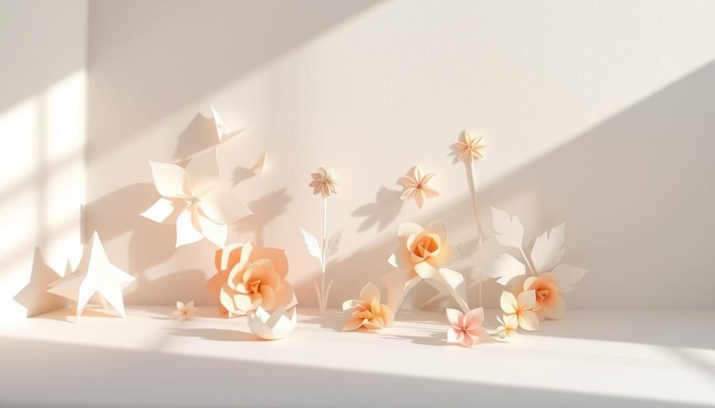 Delicate paper sculptures and stencils arranged artfully against a soft, minimalist backdrop. Intricate origami shapes, paper flowers, and abstract cutouts in shades of ivory, blush, and subtle sage. Diffused natural light casts gentle shadows, highlighting the tactile, handcrafted quality. The composition features a balance of positive and negative space, drawing the eye to the intricate details and textures of the paper crafts. An airy, serene atmosphere evokes a sense of tranquility and creativity. Shot with a shallow depth of field using a macro lens to emphasize the delicate, three-dimensional nature of the paper elements.