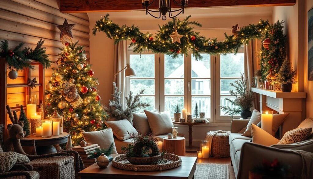 Detailed Christmas-themed craft tutorial, showcasing an array of festive holiday decor for adults. Vignette of a cozy, well-lit living room with tasteful ornaments, garlands, and handmade seasonal accents on display. Warm, soft lighting casting a gentle glow, as if by firelight. Wooden surfaces, natural textures, and muted color palette create a serene, rustic ambiance. Carefully arranged items include handcrafted wreaths, candles, dried florals, and other elegant, DIY holiday decorations. A sense of elegance and sophistication, suitable for an adult-oriented Christmas crafts project.