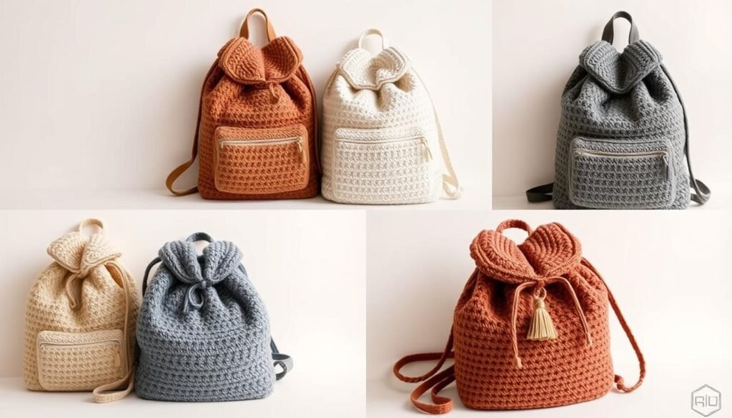 Detailed crochet backpack patterns arranged in a clean, minimalist listicle layout. Soft, warm-toned lighting illuminates the intricate stitch work and textural variations of the crocheted bags. The compositions feature a focused foreground with several backpack examples, while the background gently fades into a muted, off-white backdrop, creating a simple, elegant, and inspiring visual display. The overall mood is cozy, handmade, and approachable, inviting the viewer to explore these free crochet pattern options.