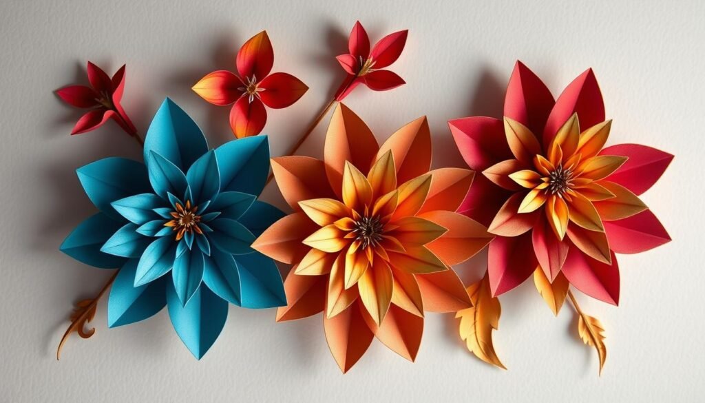 Intricate paper flower designs, delicately crafted with precise folds and curves, arranged in a harmonious composition. Vibrant petals in a variety of hues - crimson, azure, and golden - bloom against a soft, textured background, exuding a sense of artistry and tactile elegance. The lighting is diffused, casting gentle shadows that accentuate the dimensional qualities of the paper blooms. Captured at a slight angle, the image showcases the innovative techniques and meticulous attention to detail that define these captivating paper craft creations.