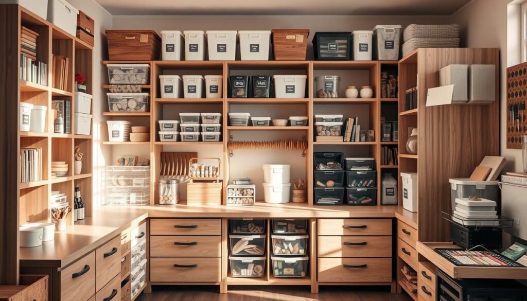 Neatly organized storage solutions for a craft room, showcasing a variety of labeled shelves, drawers, and containers. Warm, natural lighting illuminates the scene, casting soft shadows and highlighting the textures of the wooden surfaces and muted color palette. The arrangement is visually appealing, with a balanced, symmetrical layout that maximizes space and efficiency. Carefully curated craft supplies and materials are displayed in an orderly fashion, inspiring creativity and productivity. The overall atmosphere is one of calm, organized serenity, inviting the viewer to envision their own personalized craft room sanctuary.
