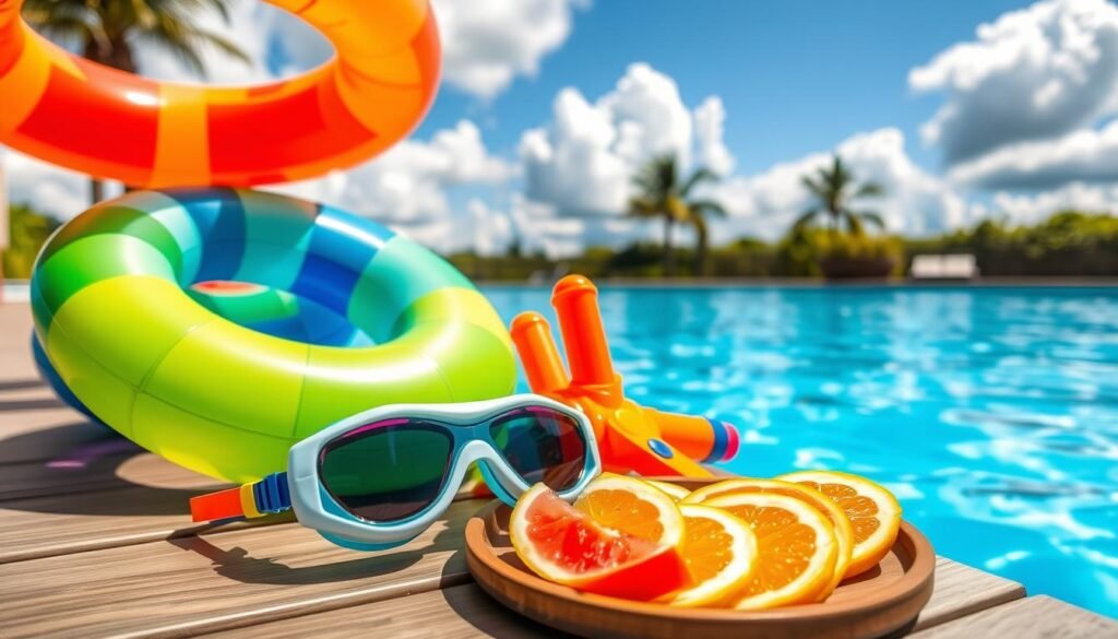 Pool party safety essentials with colorful inflatable rings, sleek swim goggles, vibrant water guns, and a tray of tropical fruit slices, all arranged on a wooden poolside deck under a warm, sunny sky with fluffy white clouds. The scene exudes a lively, carefree atmosphere, perfectly capturing the spirit of an outdoor pool party celebration.