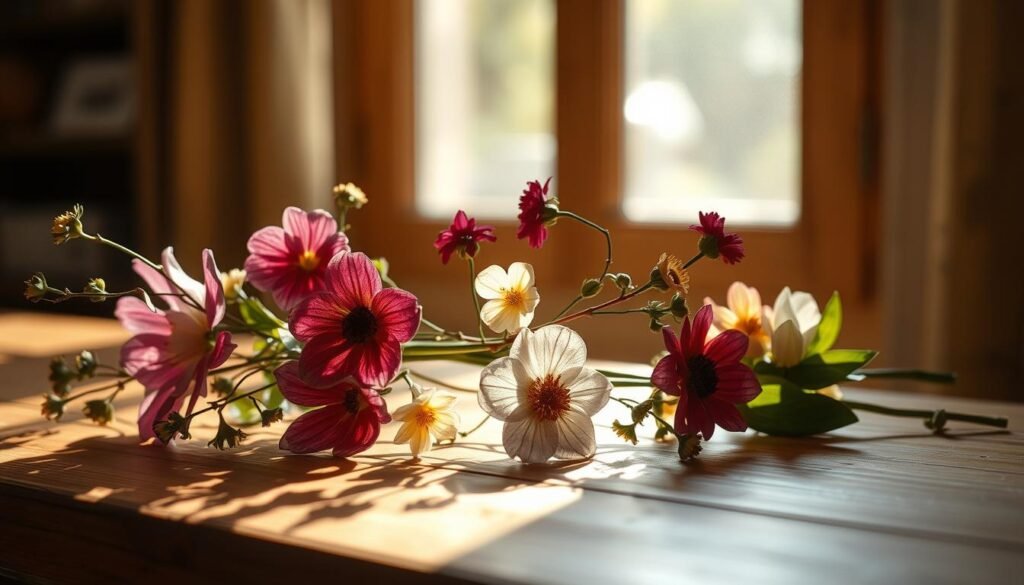Pressed flower decor: an elegant, natural tableau. Delicate botanicals, meticulously arranged, rest upon a wooden surface, their vibrant hues and intricate patterns casting soft, diffused shadows. Warm, natural lighting filters through a window, casting a gentle glow and creating an intimate, serene ambiance. The floral elements are thoughtfully positioned, creating a visually captivating composition that evokes a sense of tranquility and personalized, handcrafted charm. This artistic display perfectly complements the refined, homey atmosphere of the "Crafting Home Decor with a Personal Touch" section.