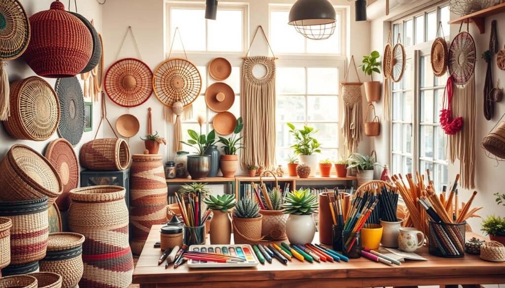 Prompt A vibrant, well-lit studio filled with a diverse array of handcrafted items - colorful woven baskets, intricate macrame wall hangings, a cluster of potted succulents, and an array of paint brushes, markers, and other creative tools arranged on a rustic wooden table. A cozy, inspirational atmosphere with warm, natural lighting filtering through large windows, casting a soft glow over the scene. The focus is on the captivating textures, colors, and forms of the artisanal objects, showcasing the boundless creative potential of DIY arts and crafts for adults.