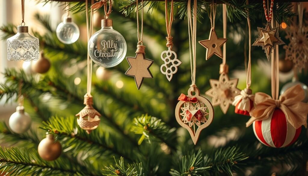 Unique ornament creations, delicate and intricate, suspended in a warm, cozy atmosphere. An array of handcrafted decorations - sparkling glass baubles, intricate wooden shapes, and whimsical fabric accents - adorn a lush, verdant tree, bathed in soft, golden light. The ornaments reflect the creative spirit of the maker, each one a testament to the joy of crafting. The scene is captured from a slightly elevated angle, creating a sense of intimacy and inviting the viewer to step into this enchanting world of artisanal holiday decor.