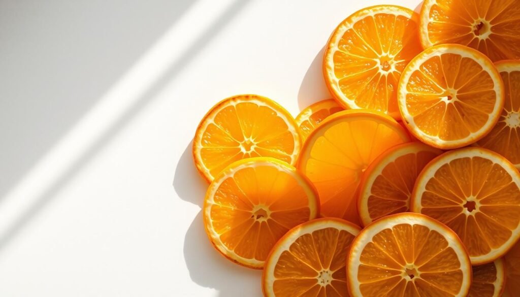 Vibrant citrus slices arranged against a crisp white backdrop, bathed in warm natural lighting from a large window. The thick, juicy orange and lemon wedges are fanning out, exposing their glistening, dehydrated surfaces. Subtle shadows accentuate the dimensional textures, creating a sense of depth. The colors are vivid and saturated, with the golden hues of the dried fruit contrasting beautifully against the clean, minimalist setting. An overhead, slightly angled perspective captures the arranged composition, emphasizing the careful, artistic curation of the scene. The overall mood is fresh, tranquil, and inviting, perfectly showcasing the results of a successful dehydration process.
