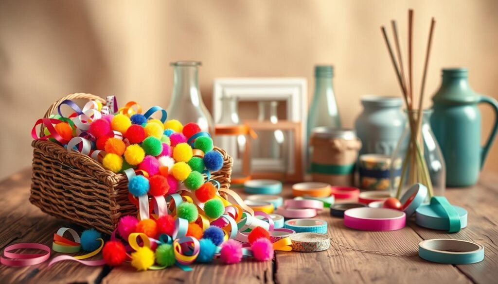 Vibrant dollar store crafts arranged on a rustic wooden table, bathed in warm, diffused lighting. In the foreground, an assortment of colorful ribbons, pom-poms, and decorative tapes spill out from a woven basket. In the middle ground, a selection of inexpensive vases, frames, and repurposed containers awaits creative embellishment. The background features a minimalist backdrop of natural textures, hinting at the budget-friendly, DIY spirit of the scene. The overall atmosphere evokes a sense of playful inspiration, encouraging the viewer to explore the endless possibilities of transforming humble dollar store finds into unique, personalized crafts.