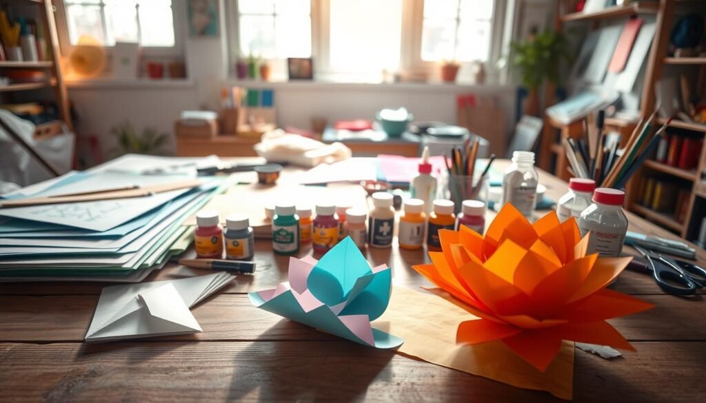 a cozy, well-lit studio with a variety of paper crafting supplies arranged on a wooden table, including colorful sheets of origami paper, paint brushes, jars of acrylic paints in vibrant hues, and an assortment of scissors, glue, and other tools. in the foreground, a partially completed paper art project, such as an intricate paper flower or a collage, is visible, showcasing the creative potential of the materials. the background features natural light streaming in through large windows, casting a warm, inviting glow over the scene and inspiring a sense of peaceful, artistic exploration.