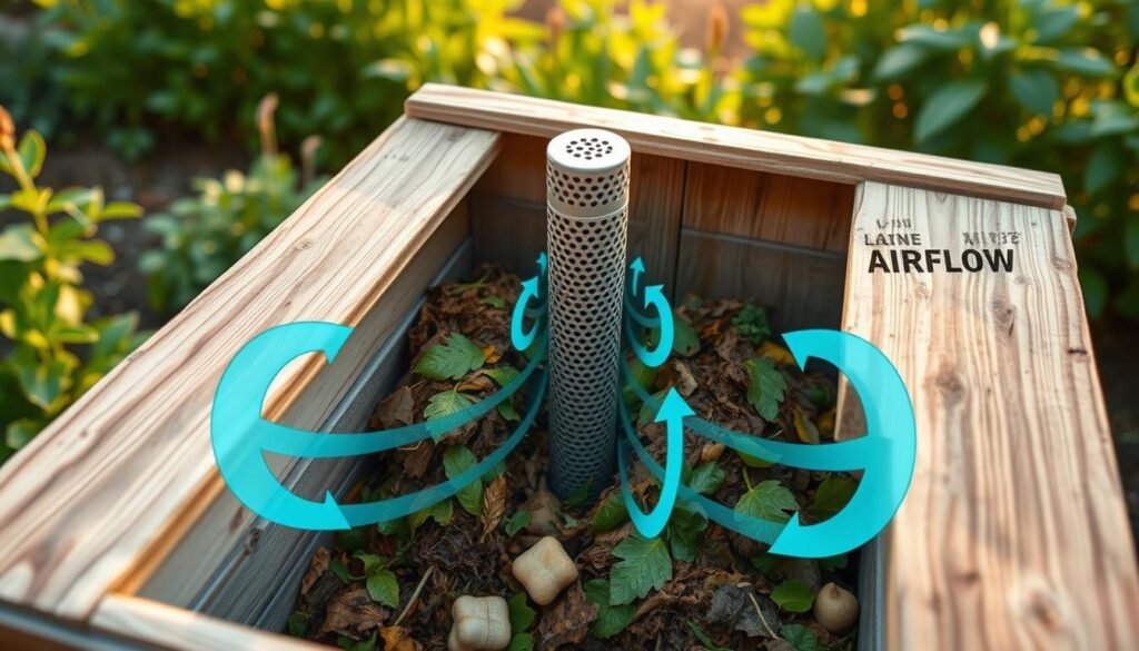 a cross-section view of a compost bin, showcasing the internal airflow and ventilation system. the bin is made of weathered wood planks, with a slatted design to allow air circulation. the center of the bin features a perforated pipe or chimney, running vertically to facilitate air movement and prevent anaerobic conditions. the bin is filled with various decomposing organic matter, including leaves, vegetable scraps, and other compostable materials. the foreground shows the airflow arrows, indicating the movement of air through the bin, while the background depicts a lush, green garden setting, emphasizing the sustainable nature of composting. the lighting is soft and natural, with warm tones conveying a sense of tranquility and environmental harmony.