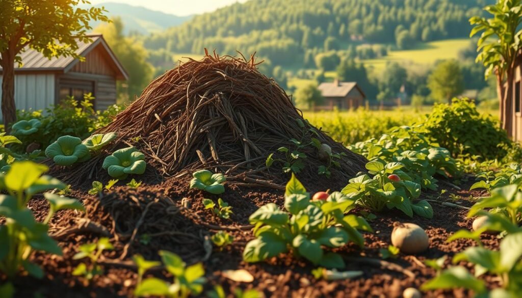 a detailed, highly realistic digital illustration of the benefits of composting, showcasing a well-organized compost pile in the foreground with lush, thriving plants and vegetables growing around it, surrounded by a verdant, picturesque landscape in the background, illuminated by warm, natural lighting that casts gentle shadows, creating a serene and inviting atmosphere that emphasizes the environmental and horticultural advantages of composting, including nutrient-rich soil, reduced waste, and sustainable gardening practices, captured from a low angle to highlight the abundance and vitality of the scene