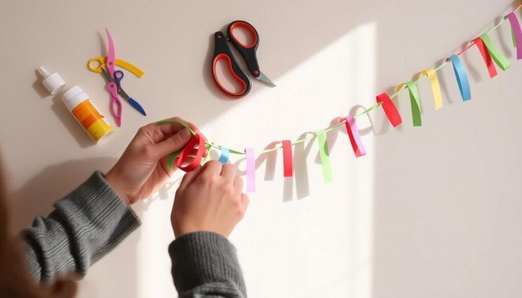 a detailed tutorial for making a paper chain garland, showing the step-by-step process. a close-up view of the hands crafting the paper chains, with colorful strips of paper, scissors, and glue visible. the garland is draped against a plain, light-colored background, casting soft shadows. the lighting is natural and diffused, creating a warm, inviting atmosphere. the camera angle is slightly elevated, providing a clear, unobstructed view of the creative process. the overall mood is one of simplicity, craftsmanship, and holiday cheer.