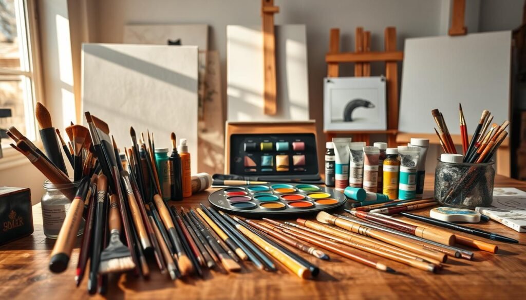 a highly detailed, photorealistic image of an assortment of creative painting tools and materials arranged on a wooden table in a well-lit studio setting. In the foreground, there are various paintbrushes of different sizes and shapes, including natural bristle brushes, fan brushes, and detail brushes. In the middle ground, there are tubes of vibrant acrylic and oil paints, a palette with a mix of colors, and a few artist's palette knives. In the background, there are several canvases of different sizes, a sketchpad, and a few drawing pencils and charcoal sticks. The lighting is soft and natural, creating warm, diffused shadows and highlights that emphasize the textures and colors of the materials. The overall atmosphere is one of artistic inspiration and creativity.