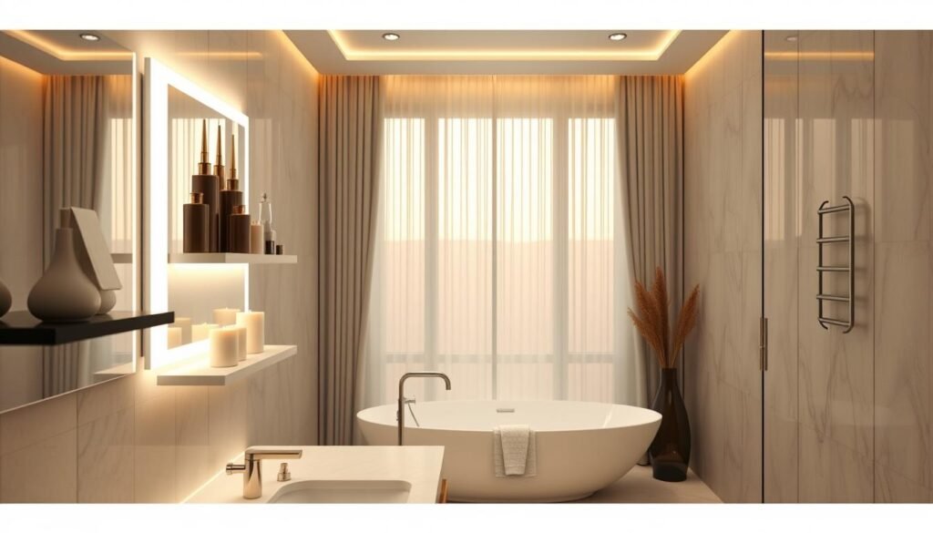 a highly detailed, realistic, hyper-photorealistic, 8K image of a stylish bathroom interior showcasing innovative lighting and accessory solutions. The foreground features a modern vanity with sleek LED-illuminated mirror, floating shelves displaying decorative vases and candles. The middle ground includes a freestanding bathtub surrounded by a selection of premium bath products and plush towels. The background highlights a large window with sheer curtains, casting a warm, natural glow across the space. The overall mood is one of tranquility and elegance, with careful attention paid to placement, textures, and balanced lighting.