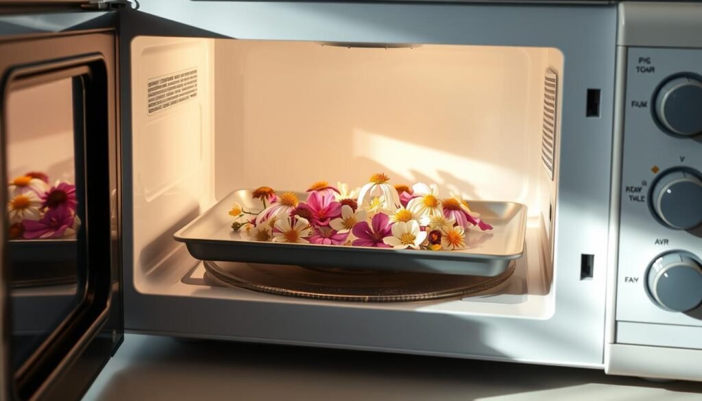 a hyper-realistic still life photograph of a microwave oven, open, with delicate pressed flowers arranged inside on a microwave-safe tray, capturing the quick and easy microwave flower pressing technique. The flowers are vibrant and show intricate details, arranged in a visually appealing composition. The microwave interior is well-lit, with soft, natural lighting from the side, casting subtle shadows that accentuate the textures. The scene has a serene, calming atmosphere, showcasing the simplicity and effectiveness of this unique pressing method.