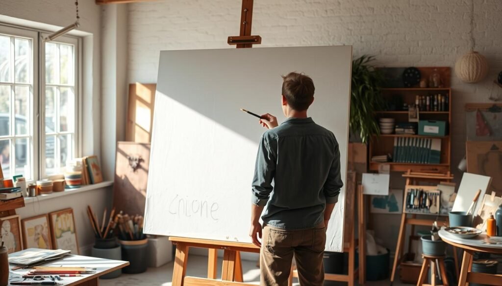 a painting studio with a large canvas on an easel, surrounded by various painting supplies and tools such as brushes, palettes, and paint tubes. The studio has natural lighting streaming in from a large window, creating a warm, inviting atmosphere. The artist is standing in front of the canvas, brush in hand, contemplating their next brushstroke. The scene conveys a sense of focus, creativity, and the process of bringing a vision to life on the canvas. The background is slightly blurred, allowing the viewer to concentrate on the artist's work and the unfolding painting process.