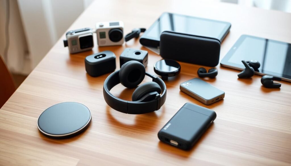 a photo of various budget tech gifts artfully arranged on a minimalist wooden table, with soft, diffused lighting from the side. in the foreground, a sleek wireless charging pad, a pair of over-the-ear headphones, and a compact bluetooth speaker. in the middle ground, a small action camera, a smartwatch, and a portable power bank. in the background, a tablet and a pair of wireless earbuds. the scene has a warm, inviting atmosphere, showcasing a thoughtful selection of affordable, yet stylish and functional tech presents.