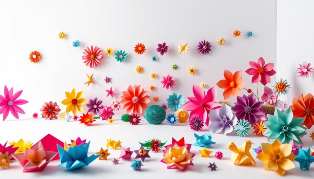 a photo of various colorful and intricate paper craft designs in a minimalist, well-lit studio setting. the foreground features a diverse collection of origami, paper quilling, and kirigami pieces in vibrant hues, delicately arranged on a clean white surface. the middle ground showcases a selection of paper flowers, garlands, and 3D sculptures, creating a visually striking display. the background is a simple, neutral-toned backdrop, allowing the paper crafts to be the central focus. the lighting is soft and diffused, accentuating the intricate textures and shadows of the handmade designs. the overall mood is one of creativity, tranquility, and attention to detail.