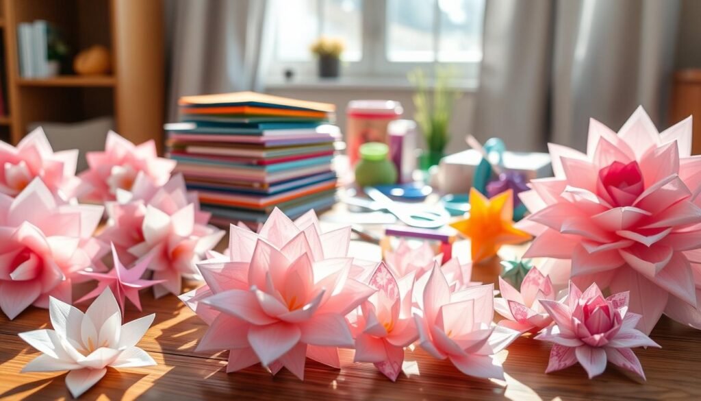 a photo of various delicate paper flower crafts and origami designs, arranged artfully on a wooden table or surface, with natural lighting streaming in from a window, creating a soft, warm ambiance. The foreground features intricate paper blooms in a variety of pastel colors and patterns, their petals meticulously folded and shaped. In the middle ground, there are stacks of colorful origami paper, scissors, and other simple craft supplies, suggesting the ease and accessibility of these projects. The background is slightly blurred, emphasizing the focus on the delicate paper creations. The overall mood is one of simple, tactile pleasures and the joy of crafting by hand.
