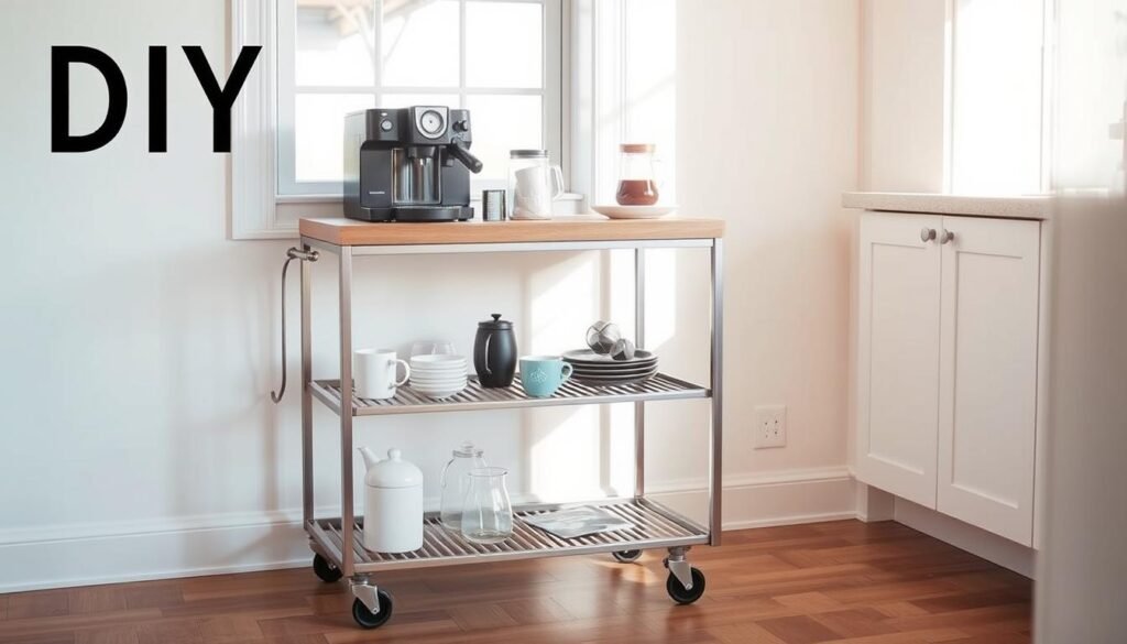a sleek, modern DIY coffee cart in a bright, airy kitchen. the cart has a wooden top and metal frame, with shelves to hold coffee supplies, mugs, and a small espresso machine. the cart is positioned near a sunny window, casting a warm glow and natural lighting on the scene. the background features minimalist white walls and hardwood floors, creating a clean, minimalist aesthetic. the overall mood is one of cozy functionality, inviting the viewer to imagine crafting the perfect cup of coffee in this stylish, customized workspace.