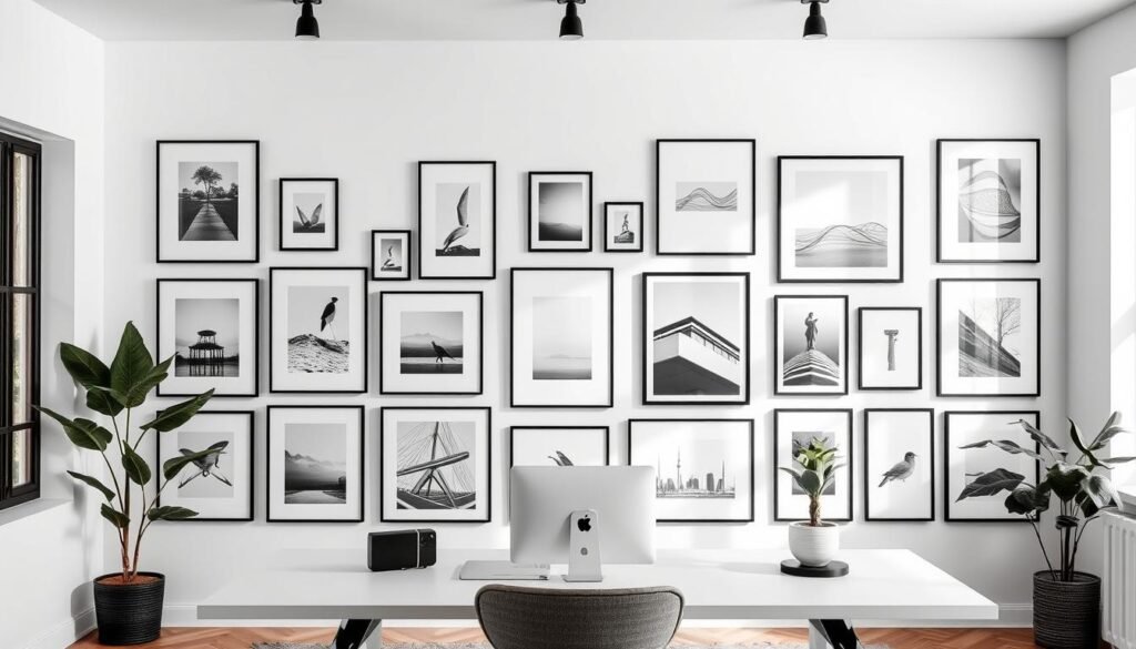 a sophisticated gallery wall design in a minimalist home office, featuring a variety of framed art prints and photographs in monochrome and earth-tone palettes, arranged in a harmonious grid-like layout against a crisp white wall, with soft, diffused natural lighting flooding the space through large windows, creating a tranquil and inspirational ambiance for a productive workspace