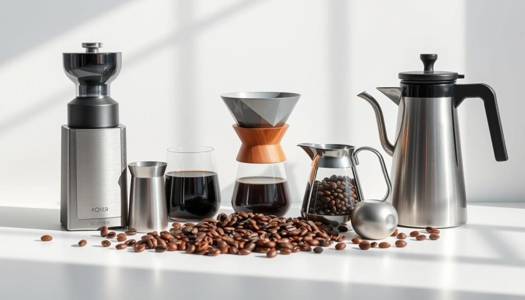 a sophisticated still life photo of various designer coffee tools and accessories, including a precision coffee grinder, a sleek pour-over brewer, a gooseneck kettle, and artfully arranged coffee beans, all set against a minimalist white background with natural lighting creating soft shadows, showcasing the elegant and functional design of these specialty coffee tools a sophisticated still life photo of various designer coffee tools and accessories, including a precision coffee grinder, a sleek pour-over brewer, a gooseneck kettle, and artfully arranged coffee beans, all set against a minimalist white background with natural lighting creating soft shadows, showcasing the elegant and functional design of these specialty coffee tools
